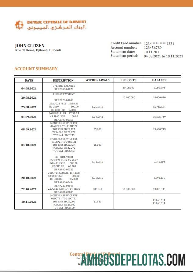 Exemplo de declaração do Banco Central de Djibuti do Djibuti